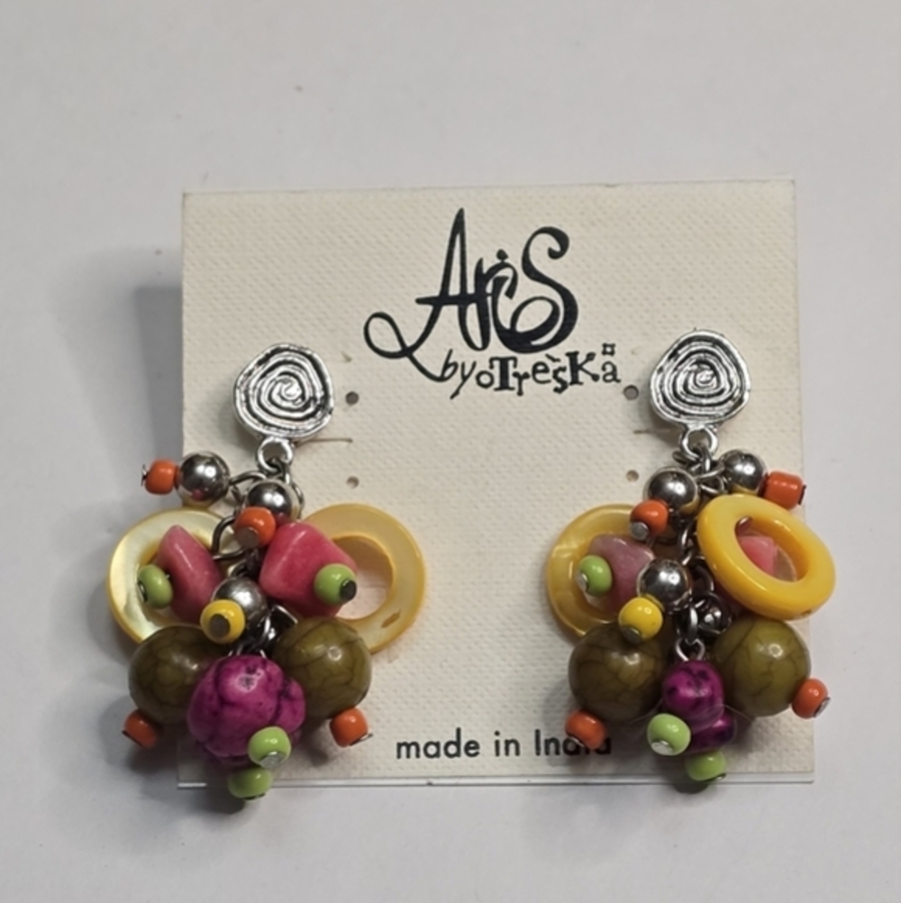 Aris by Treska Multicolor Beaded Cluster Dangle Earrings‎ Boho Statement India